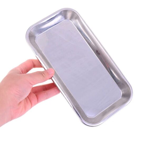 Silver rectangular stainless steel tray.