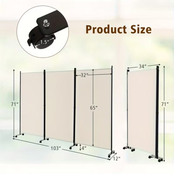3-Panel Folding Room Divider 6Ft Rolling Privacy Screen