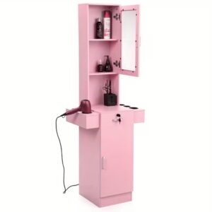 Professional Barber Station with Glass Door Cabinet and 3-Tier Shelves & Drawer